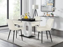 Furniturebox Giovani Rectangular 4 Seat White High Gloss Unique Halo Base Dining Table Black Glass Top 4 Cream Velvet Black Leg Pesaro Chairs