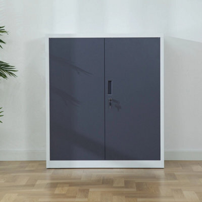 White Grey Metal Storage Cabinet, Locking 2 Door 106Cm 2 Shelves Office - image 1
