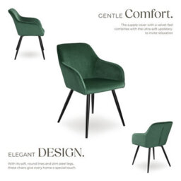 Tectake Set Of 2 Dining Chair Marilyn - With Armrests, Padded, Velvet Look, Black Steel Legs  - Dark Green / Black - thumbnail 3