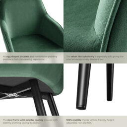 Tectake Set Of 2 Dining Chair Marilyn - With Armrests, Padded, Velvet Look, Black Steel Legs  - Dark Green / Black - thumbnail 5