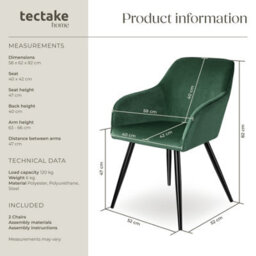 Tectake Set Of 2 Dining Chair Marilyn - With Armrests, Padded, Velvet Look, Black Steel Legs  - Dark Green / Black - thumbnail 6