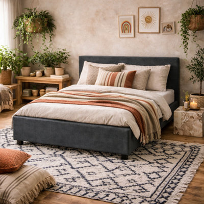 Wyld Haus Portarlington Upholstered Dark Grey Twill 4Ft6 Double Size Bed With Headboard - image 1