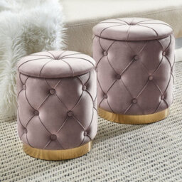 Wyld And Coco Taupe Velvet Storage Pouffes With Button Tufting And Golden Base - Pair - thumbnail 2