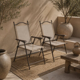 Wyld Haus Hazivi Set Of 2 Cream Mesh And Mixed Brown Metal Folding Garden Chairs - Portable Patio Seating