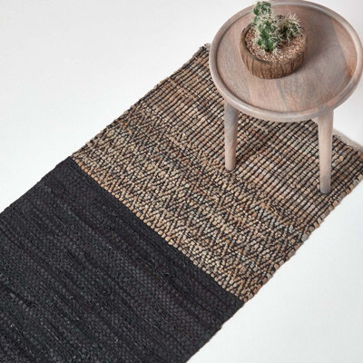 Homescapes Black Recycled Leather Handwoven Herringbone Rug, 66 X 200 Cm - image 1
