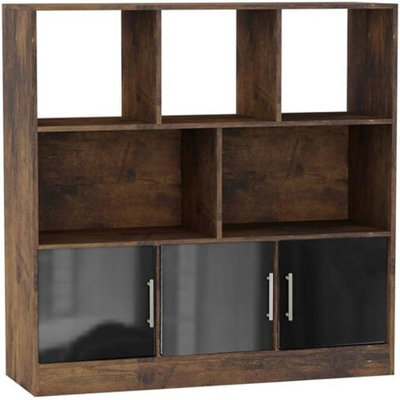 Urbn-Living Urbnliving Asymmetrical 8 Cube Rustic Brown Bookcase Freestanding Storage Unit With 3 Gloss Doors - Black - image 1