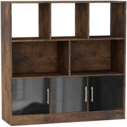 Urbn-Living Urbnliving Asymmetrical 8 Cube Rustic Brown Bookcase Freestanding Storage Unit With 3 Gloss Doors - Black - thumbnail 1