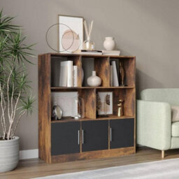 Urbn-Living Urbnliving Asymmetrical 8 Cube Rustic Brown Bookcase Freestanding Storage Unit With 3 Gloss Doors - Black - thumbnail 2