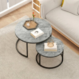 Homcom 2 Pcs Stacking Coffee Table Set Steel Frame, Cement Grey - thumbnail 8