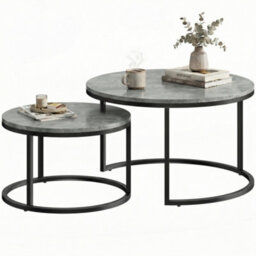 Homcom 2 Pcs Stacking Coffee Table Set Steel Frame, Cement Grey - thumbnail 2