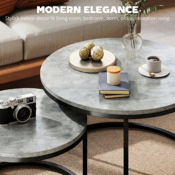 Homcom 2 Pcs Stacking Coffee Table Set Steel Frame, Cement Grey - thumbnail 4
