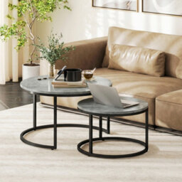 Homcom 2 Pcs Stacking Coffee Table Set Steel Frame, Cement Grey - thumbnail 1