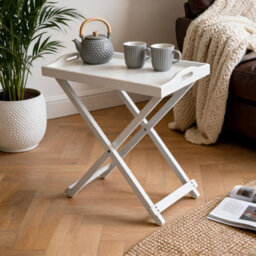 Wooden Butler Tray Table White Folding Side Table With Removable Serving Tray Handles For Breakfast Laptop Dinner - thumbnail 3