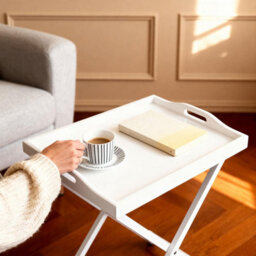 Wooden Butler Tray Table White Folding Side Table With Removable Serving Tray Handles For Breakfast Laptop Dinner - thumbnail 2