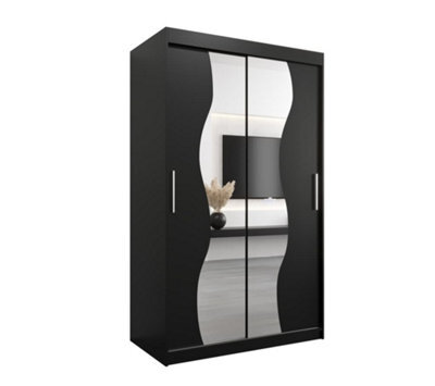 Arte Madrid Contemporary 2 Mirrored Sliding Door Wardrobe 5 Shelves 2 Rails Black Matt (H)2000mm (W)1200mm (D)620mm - image 1