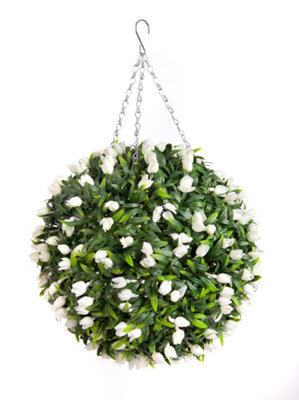 Best Artificial 38Cm White Lush Tulip Hanging Basket Flower Topiary Ball - Suitable For Outdoor Use - Weather & Fade Resistant - image 1