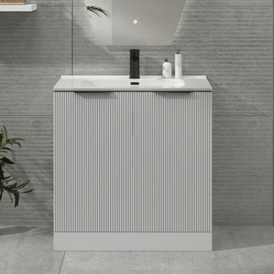 Royal Bathrooms Evora 800mm Matt White Fluted Floor Standing Bathroom Vanity Unit 2 Door Cabinet Storage With Ceramic Basin & Matt Black Handles - image 1