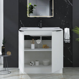 Royal Bathrooms Evora 800mm Matt White Fluted Floor Standing Bathroom Vanity Unit 2 Door Cabinet Storage With Ceramic Basin & Matt Black Handles - thumbnail 3