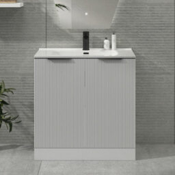 Royal Bathrooms Evora 800mm Matt White Fluted Floor Standing Bathroom Vanity Unit 2 Door Cabinet Storage With Ceramic Basin & Matt Black Handles
