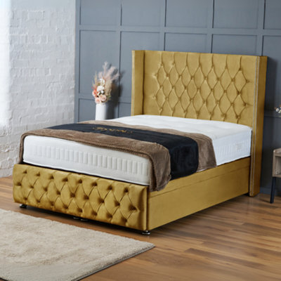 Bsspoke Ottoman Divan End Liftup Storage Bed Mustard Plush With Mattress&138Cm Wingback Headboard& Footboard Double King All Size - image 1