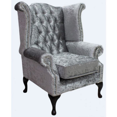 Chesterfield High Back Wing Chair Shimmer Silver Velvet Bespoke In Queen Anne Style - image 1