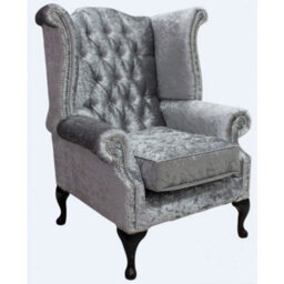 Chesterfield High Back Wing Chair Shimmer Silver Velvet Bespoke In Queen Anne Style - thumbnail 1