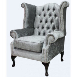 Chesterfield High Back Wing Chair Shimmer Silver Velvet Bespoke In Queen Anne Style - thumbnail 3