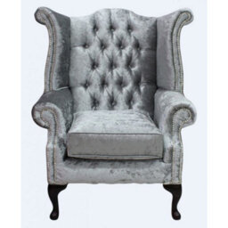 Chesterfield High Back Wing Chair Shimmer Silver Velvet Bespoke In Queen Anne Style - thumbnail 2