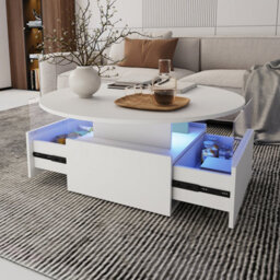 Keepreaper White Round Top Coffee Table With 16 Color Led Light 2 Sliding Storage Drawers Center Table For Home Office - thumbnail 3