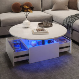 Keepreaper White Round Top Coffee Table With 16 Color Led Light 2 Sliding Storage Drawers Center Table For Home Office - thumbnail 2