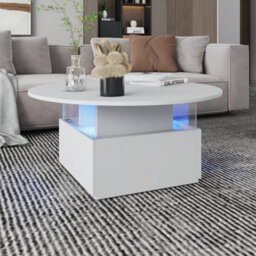 Keepreaper White Round Top Coffee Table With 16 Color Led Light 2 Sliding Storage Drawers Center Table For Home Office - thumbnail 4