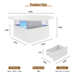 Keepreaper White Round Top Coffee Table With 16 Color Led Light 2 Sliding Storage Drawers Center Table For Home Office - thumbnail 5