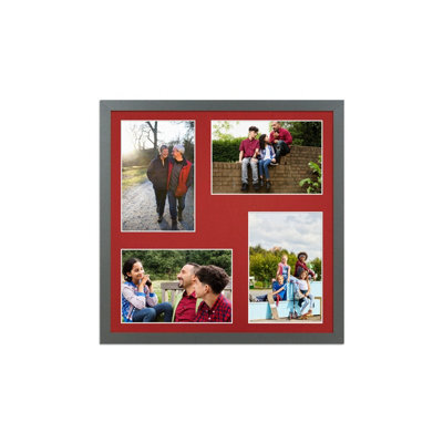 AK Frames 12X12 Dark Grey Sleek Multi Photo Frame With Crimson Mount - Holds 4 Apertures (4X) 6X4 Photos - image 1