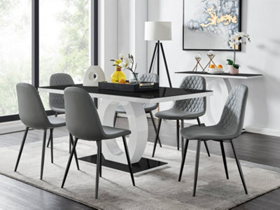 Furniturebox Giovani Rectangular 6 Seat White High Gloss Unique Halo Dining Table Black Glass Top 6 Grey Faux Leather Black Leg Corona Chairs - image 1