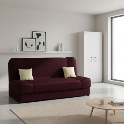 Living Room Sofa Jonas With Click Clack Sleeping Function Storage And Wooden Frame Plum And Cream Pillows - image 1
