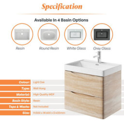 Plum&clay Eden Light Oak Wall Hung Vanity Unit With Resin Basin (W)600mm - thumbnail 7