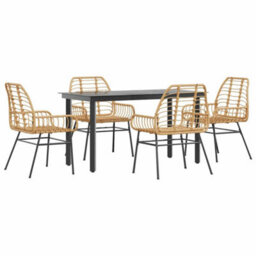 Berkfield 5 Piece Garden Dining Set Brown Poly Rattan Glass - thumbnail 2
