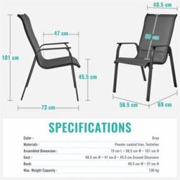 Yaheetech Set Of 2 Grey Outdoor Texteline Stackable Dining Chairs With Backrest And Armrests - thumbnail 7