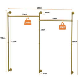 Fativo L123 Xw29 Xh78.4Cm Large Industrial Pipe Clothes Rack Gold Pipeline Hanging Open Wardrobe Boutique - thumbnail 2