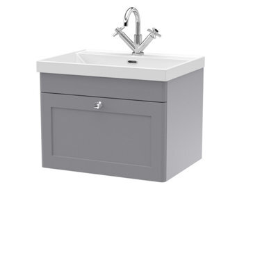 Balterley Swynnerton Traditional 1 Drawer Wall Hung Vanity Unit With Thin Edge Basin, Satin Grey, 600mm - image 1