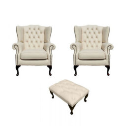 Chesterfield 2 X Wing Chair + Footstool Cottonseed Cream Leather In Mallory Style - thumbnail 1