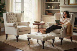 Chesterfield 2 X Wing Chair + Footstool Cottonseed Cream Leather In Mallory Style - thumbnail 3