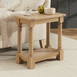 The Furniture Market Classic Whitewash Oak Sofa Side Table Compact Design, Solid Oak Frame, Hand Turned Legs, Lower Shelf
