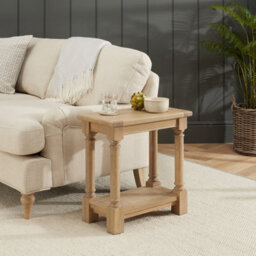 The Furniture Market Classic Whitewash Oak Sofa Side Table Compact Design, Solid Oak Frame, Hand Turned Legs, Lower Shelf - thumbnail 2