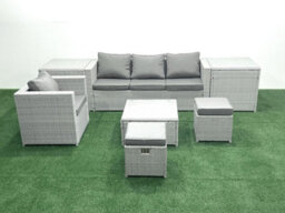 Fimous Garden Outdoor Furniture Set 6 Seater Rattan Sofa Set Big Stool Armchair 2 Side Tables Light Grey - thumbnail 2