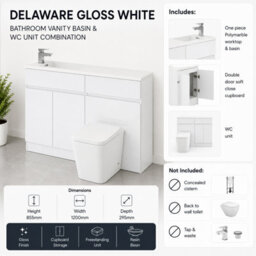 Plum&clay Delaware Gloss White Bathroom Vanity Basin & Toilet Wc Unit Combination Bathroom Furniture (W)1200mm - thumbnail 6