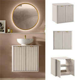 Impact Furniture Fluted Vanity Unit 600mm Countertop Bathroom Cabinet With Worktop Beige Cashmere Oren - thumbnail 1