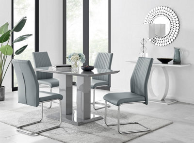 Furniturebox Imperia Grey High Gloss 4 Seater Dining Table With Structural 2 Plinth Column Legs 4 Grey Faux Leather Lorenzo Chairs - image 1