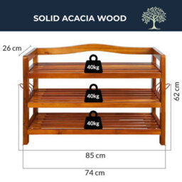 Casaria Shoe Rack Solid Acacia Wooden 3 Tier Stand, Dark Brown, 85X26X62Cm - thumbnail 2