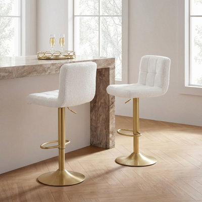 Ohs 2 X Boucle Adjustable Bar Stool Swivel Pub Seat Kitchen Counter Chair - Cream/gold - image 1